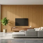 Modern living room featuring solid bamboo flute wall panels and sustainable interior decor