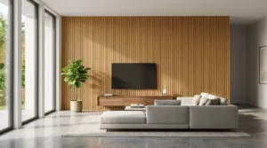 Modern living room featuring solid bamboo flute wall panels and sustainable interior decor