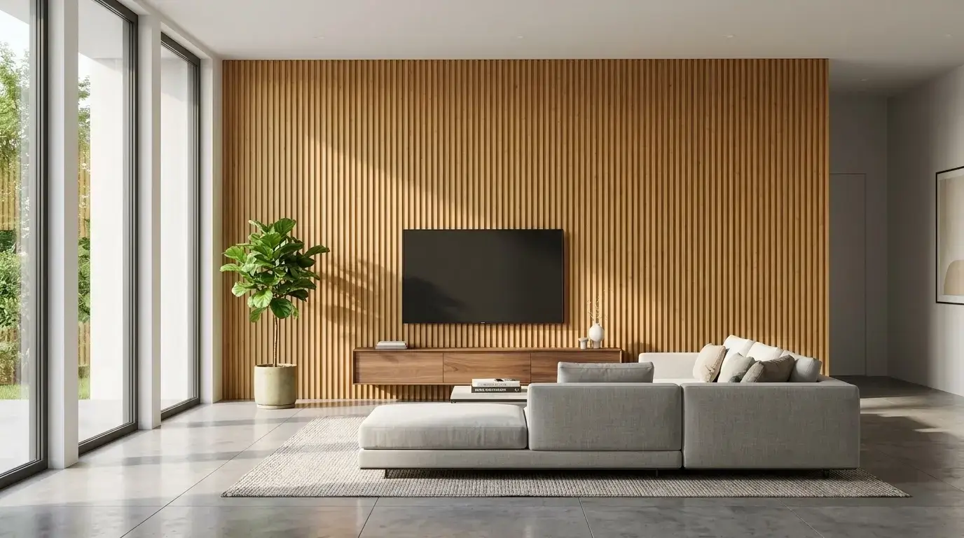 Modern living room featuring solid bamboo flute wall panels and sustainable interior decor