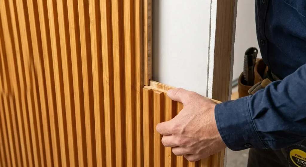 Professional installation of solid bamboo flute wall panels showing the interlocking system.