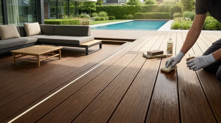 Luxury modern patio with high-density Outdoor Bamboo Decking and maintenance tools