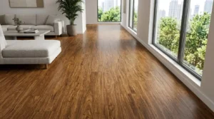 High-density strand woven bamboo flooring in a modern luxury living room, showcasing its unique grain and durability for high-traffic homes.