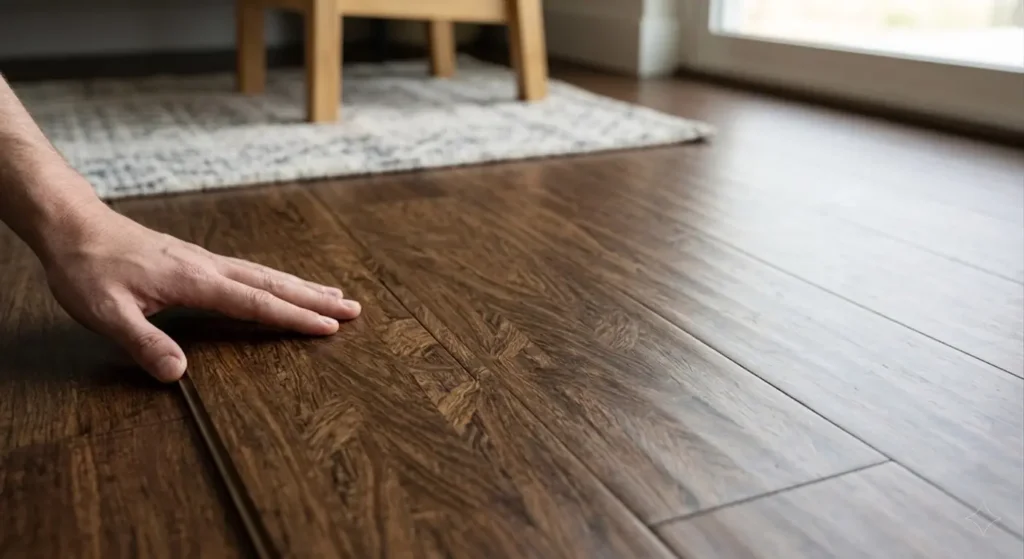 Close-up of strand woven bamboo flooring plank showcasing high-density grain and durable surface for home renovation.