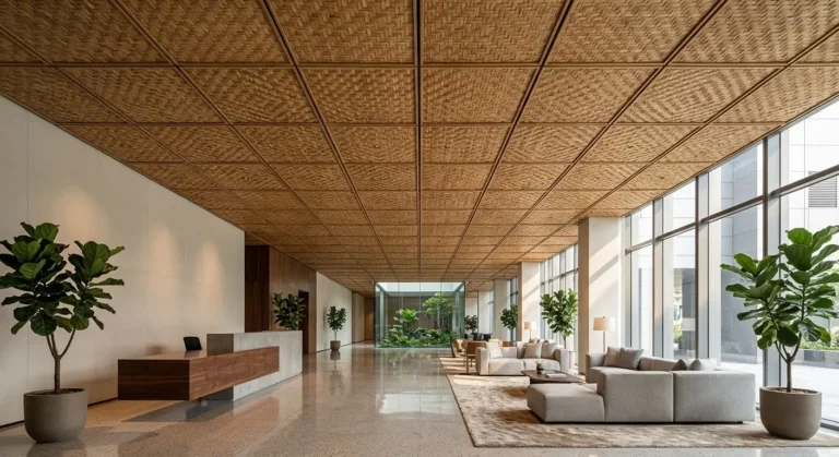 Luxury hotel lobby featuring eco-friendly woven bamboo ceiling panels in a modern grid system.
