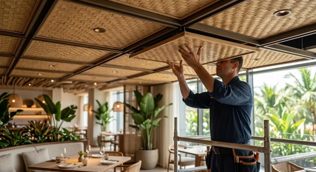 Installing a woven bamboo ceiling panel into a professional ceiling grid system in a restaurant interior.