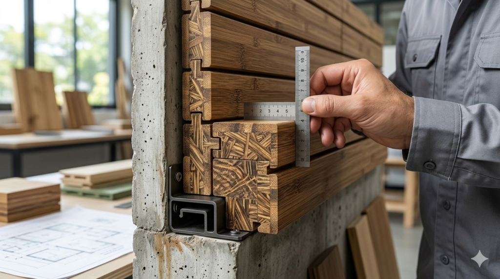 A technical close-up showing engineered bamboo wall cladding with interlocking strand-woven texture and invisible clip installation system on a concrete wall.