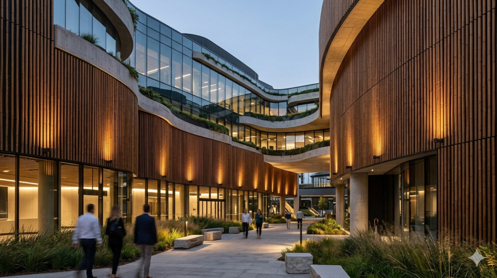 A prestigious commercial building complex with a striking modern bamboo wall facade and integrated biophilic landscape design.
