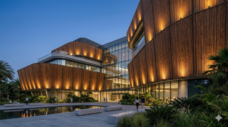 A modern eco-friendly commercial building featuring a sustainable bamboo wall facade with architectural lighting at dusk.