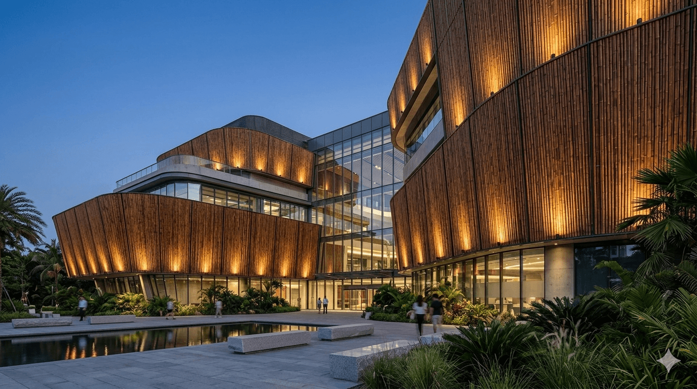 A modern eco-friendly commercial building featuring a sustainable bamboo wall facade with architectural lighting at dusk.